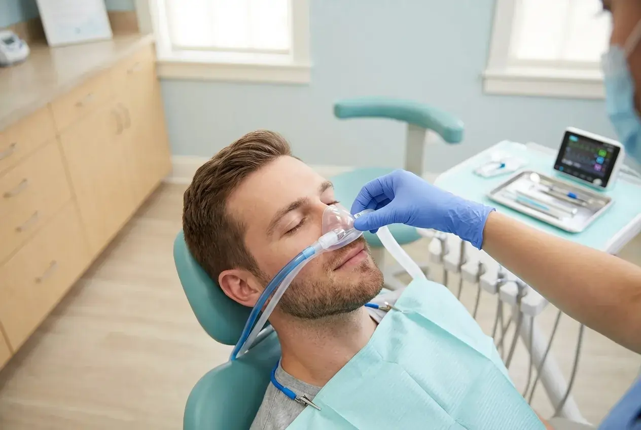 Pacijent prima stomatološki zahvat uz masku za sedaciju u ordinaciji