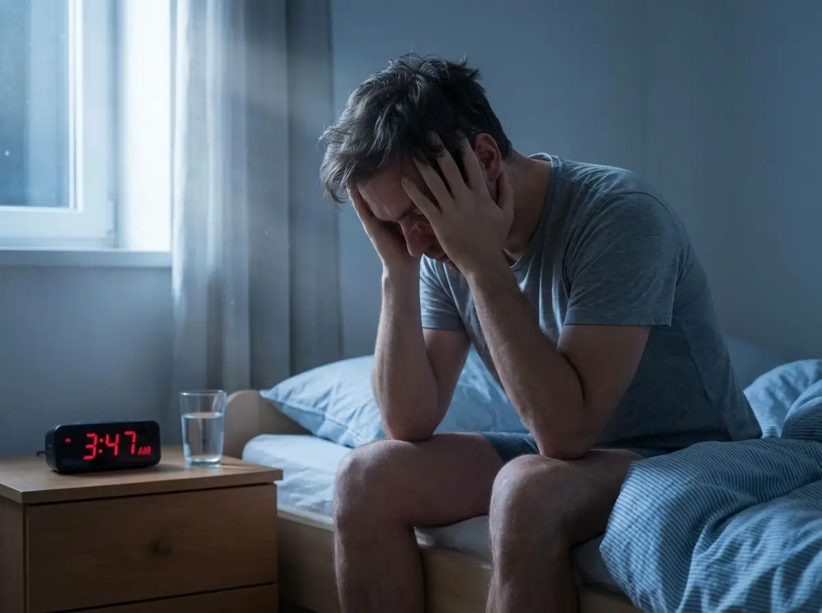 "Muškarac sjedi na krevetu noću i pati od nesanice i umora, drži glavu rukama"