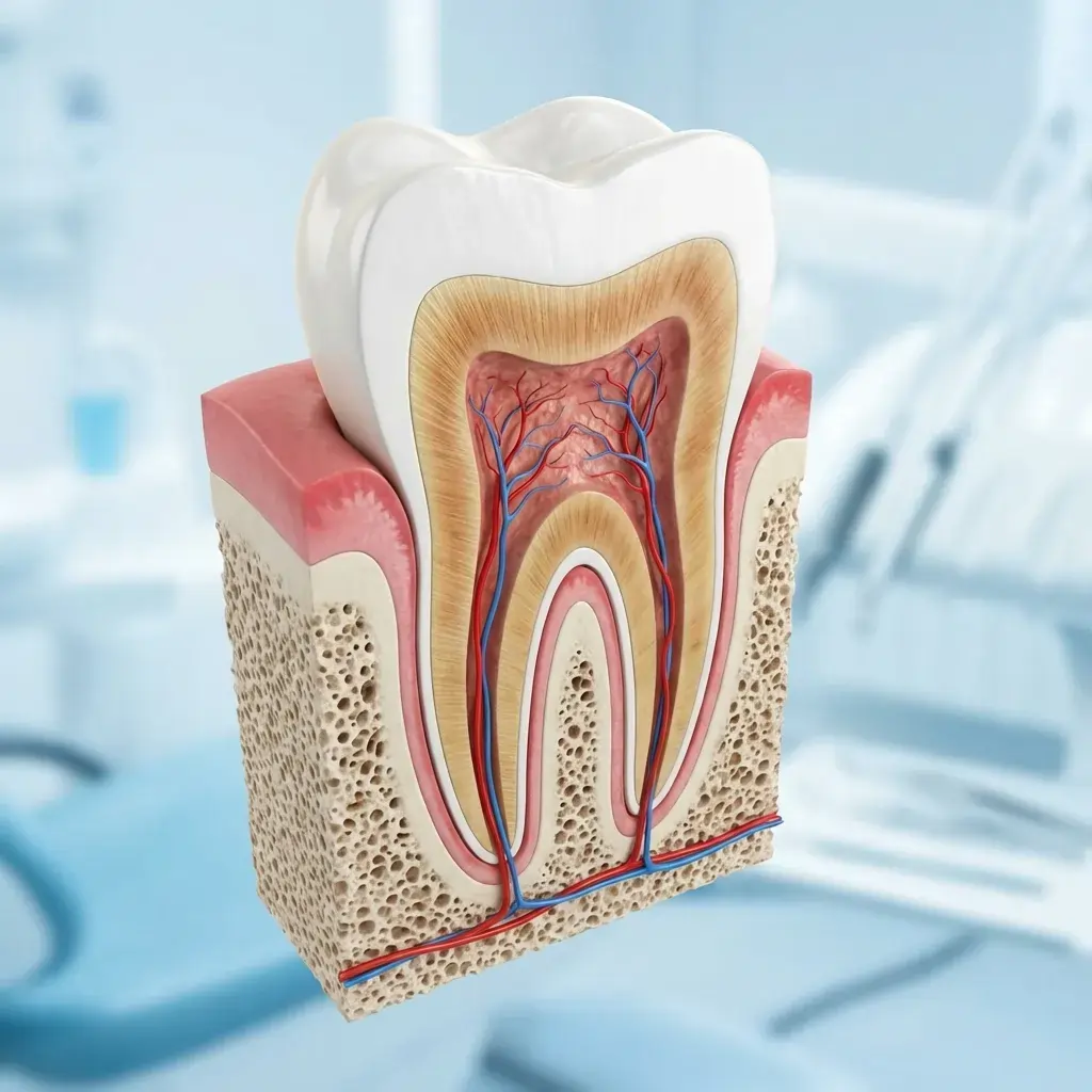Detaljan prikaz presjeka zuba s vidljivom pulpom, dentinom i živcima