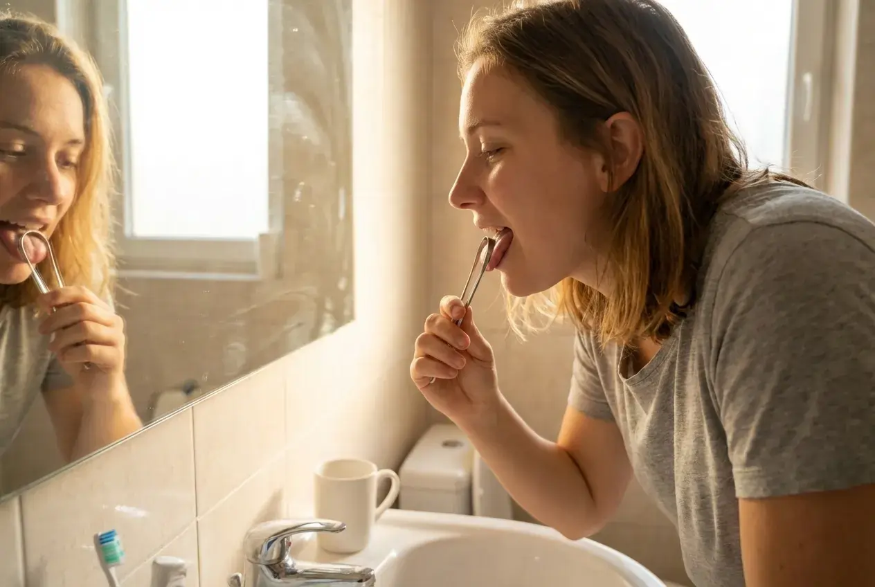 Čišćenje jezika pred ogledalom za oralnu higijenu