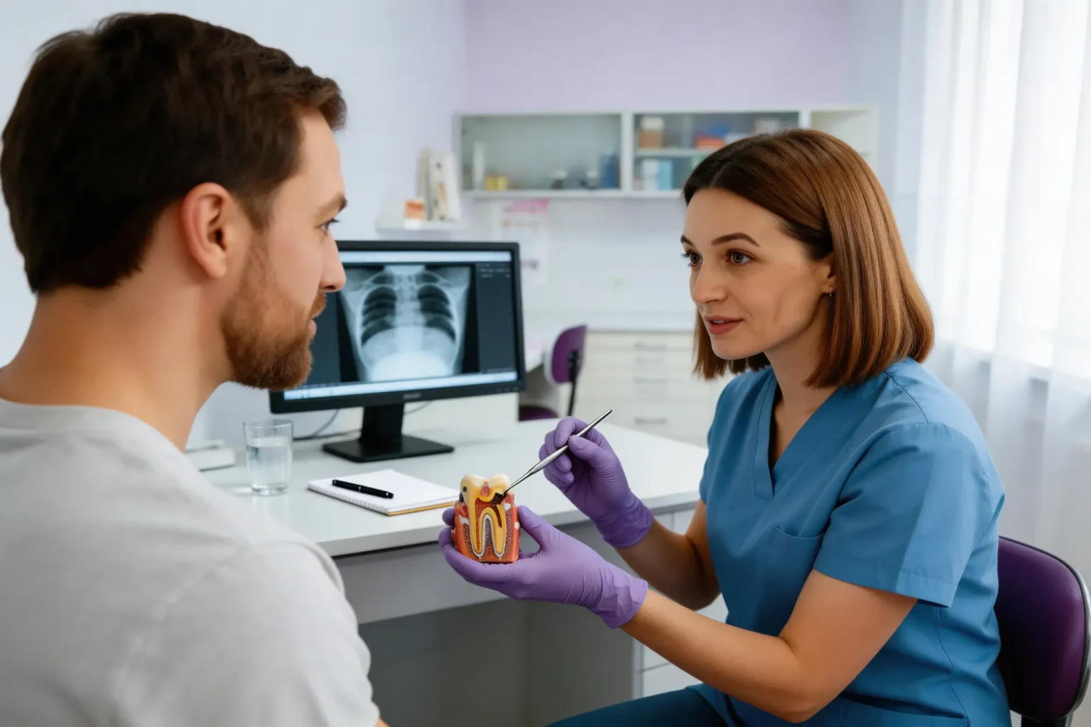 Stomatolog pokazuje model zuba pacijentu i objašnjava dentalno zdravlje u ordinaciji