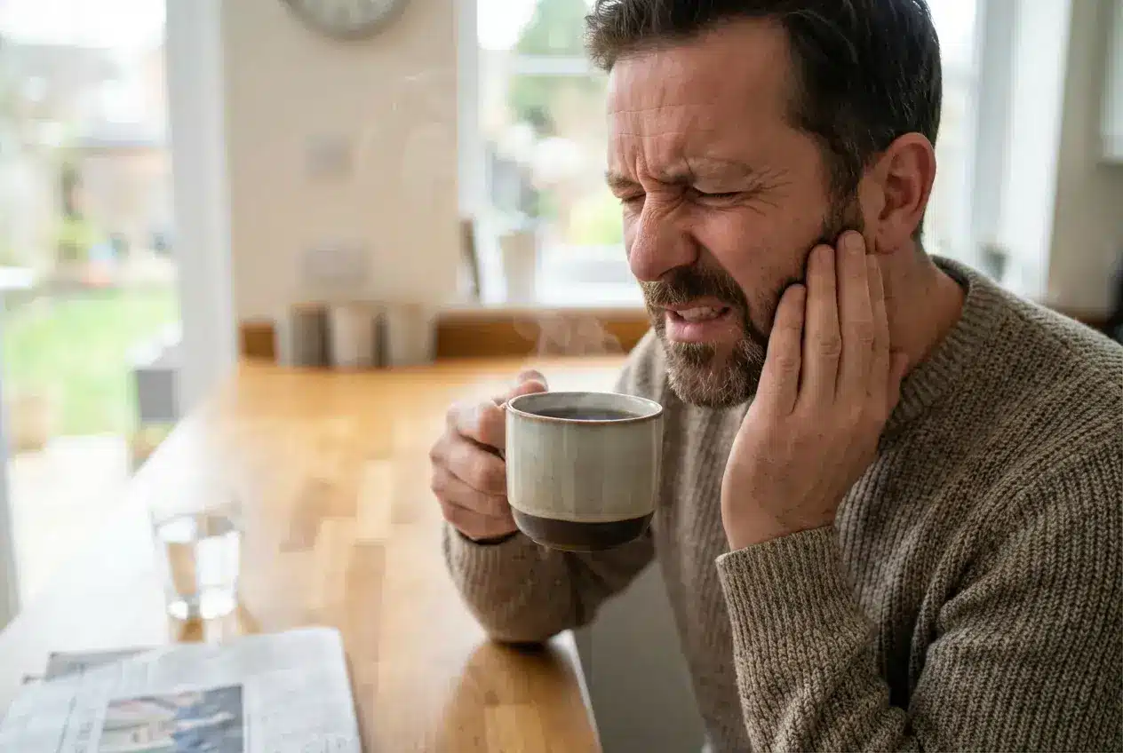 Muškarac drži šalicu vruće kave i pokazuje bol u zubu zbog osjetljivosti